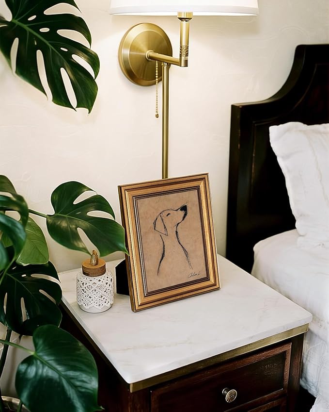 Bzstyleart Vintage Wall Art Decor, Gold Framed Wall Art 8 x 10 Inch Sketch Dog Pictures, Vintage Gold Framed Dog Wall Art, Canvas Picture Print Animal Painting for Bedroom Living Bathroom