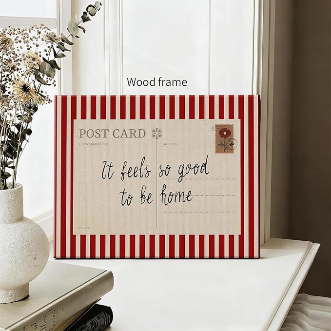 Red Vintage Postcard Poster It Feels So Good To Be Home Quote Wall Art Mid Century Modern Striped Canvas Prints for Living Room Bedroom Wall Decor 16X20 inch Wood Framed
