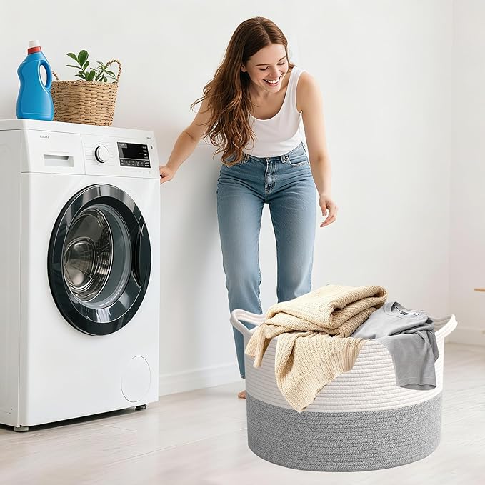 115L Extra Large Woven Cotton Rope Blanket Basket with Handles, Laundry Hamper Storage Bin for Pillows, Comforters,Clothes, Bedroom and Living Room Organization,White&Grey