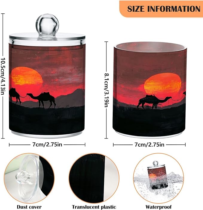 Nander 4Pack Sunset Desert Camel Qtip Holder Dispenser -Clear Plastic Apothecary Jars Set - Restroom Bathroom Makeup Organizers Containers for Cotton Swab, Ball, Pads, Floss