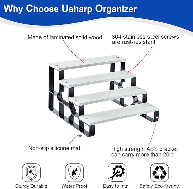 4-Tier Cologne & Perfume Display Shelf, 11.2" Wide White Wood Step Organizer, Makeup Organizer & Spice Rack for Bathroom Countertop, Bedroom Dresser & Kitchen