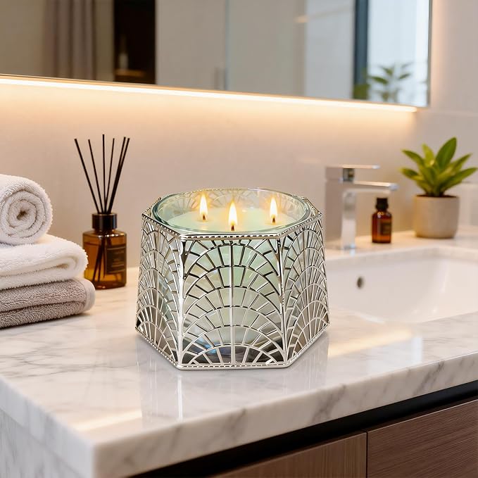 3 Wick Candle Holder, Shell Design Candle Jar Holder for 4-Inch Diameter Jars (5.25" D x 3.5" H), Rose Gold Metal, Coastal Decor