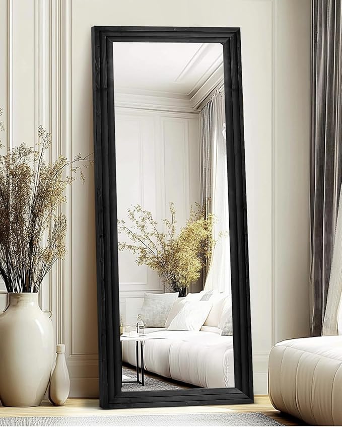 Full Length Mirror 65"x22" with Stand Solid Wood Frame Floor Large Mirror for Living Room, Bedroom Hanging Standing or Leaning Wall-Mounted, New Black