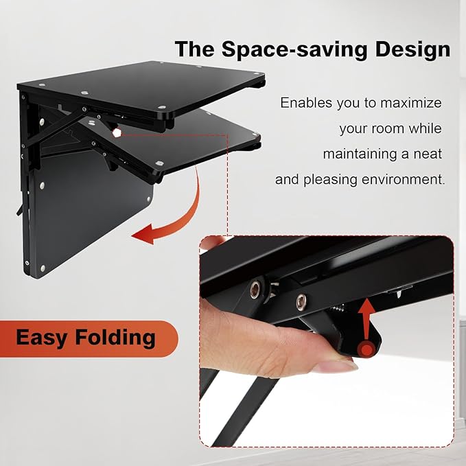 Wooden Folding Shelf Wall Mounted for Small Space, Wall Table for Living Room Bedroom Decor, Home Office Floating Fold Down Desk, Media Shelves with Heavy-Duty Brackets Holds Up to 55lbs Black