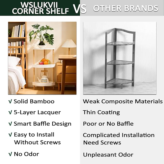 3-Tier Bamboo Corner Shelf - No Screws, Twist & Lock Assembly in 5 Mins, 5-Layer Lacquer Finish, Sturdy & Anti-Tip Design for Kitchen, Bathroom, Living Room, Easy to Clean