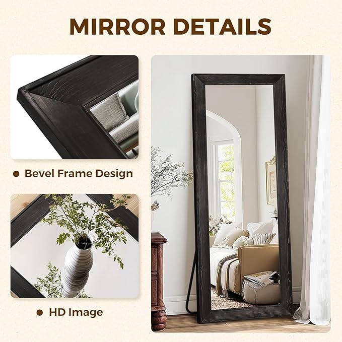 Full Length Mirror 65"x24" - Beveled Edge Rustic Black Dressing Mirror, Solid Wood Frame, Wall Mounted or Standing for Bedroom, Entryway, Living Room