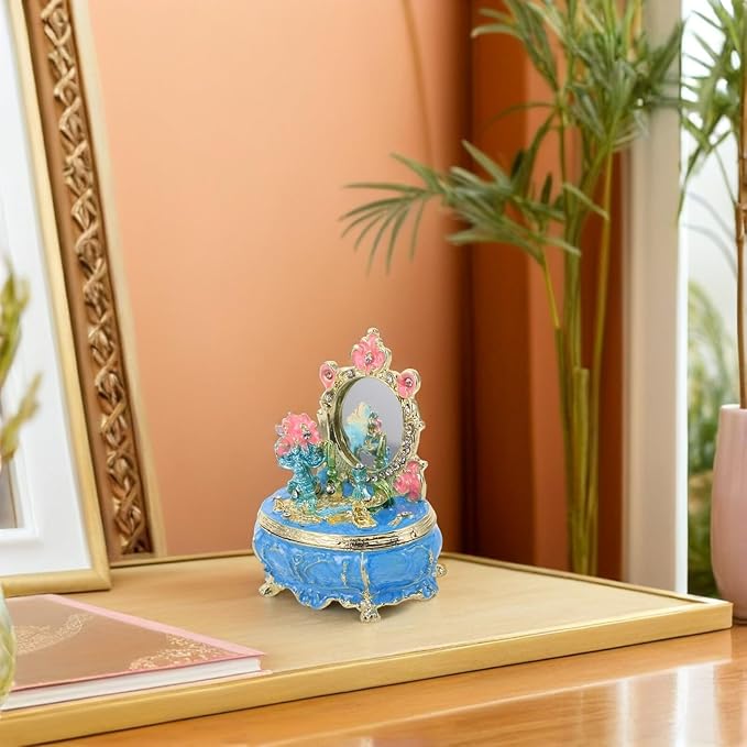 POPETPOP Enamel Jewelry Trinket Box Hand-painted Metal Decorative Storage Case with Hinged Lid Blue for Dressing Table Makeup Room Organizer