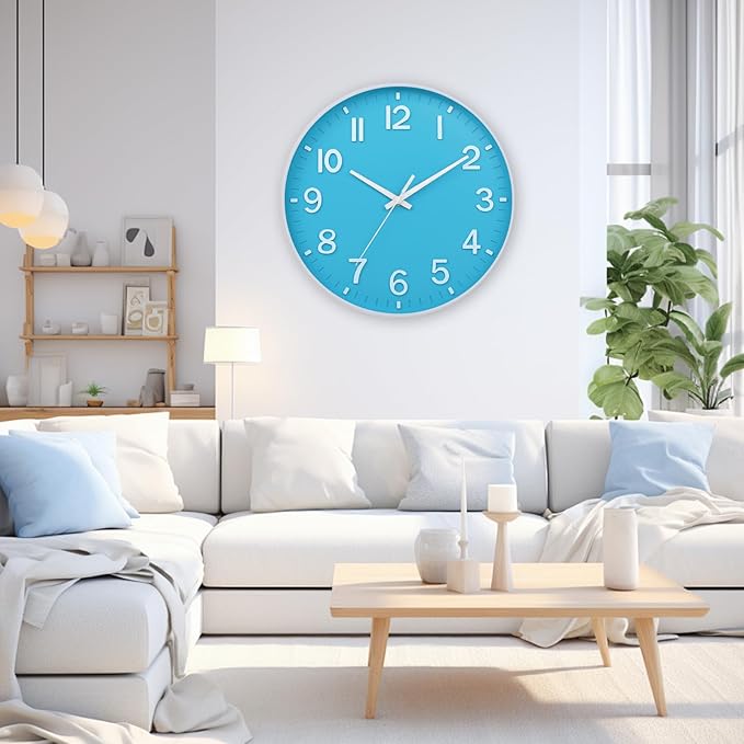 HZDHCLH Wall Clock 3D Numbers Wall ClockBattery-Powered 12-inch Silent Non-Tick Modern Wall Clock for Living Room, Bedroom, Kitchen, and Office Decoration (Blue and White)