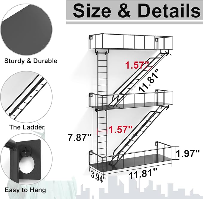 Black Metal Fire Escape Wall Shelf, Unique Decorative Shelves for Wall, New York Shelf Ladder Storage, Funky Knick Knack Shelf Organizer, Industrial Wall Shelves for Bathroom,Living Room