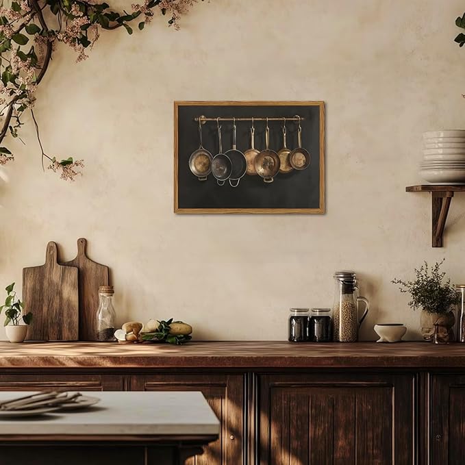 Framed Vintage Kitchen Canvas Wall Art, Farmhouse Pans Pictures Wall Decor Prints, Rustic Hanging Pots Paintings Poster Antique Home Decor Artwork for Dining Room Living Room 16×24 inch