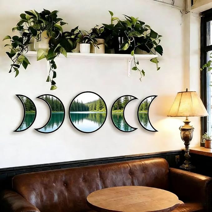5-piece Set of Moon Phase Mirror Decorations in Nordic Style, Acrylic Mirror paired with Wooden Combination, Bohemian Style Living Room Bedroom Home Decoration, Black (Black)