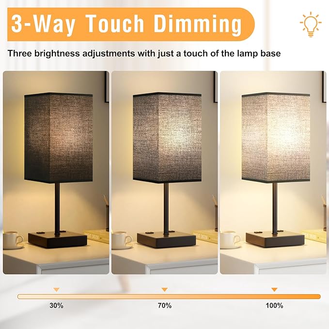 PLUS Black Bedside Lamp for Nightstand - Touch Table Lamp With Type C + A and AC Outlet, Square Charging Lamps For Bedroom Decor, Small Night Light For Office, Dorm Lamp For Men, E26 Bulb Included