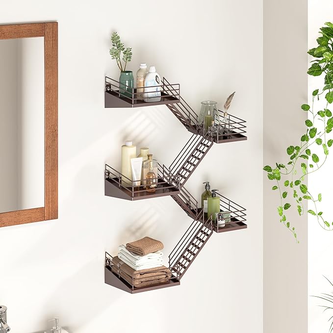 Fire Escape Shelf - 5 Tier Large Coffee Metal Fire Escape Wall Shelves with Baskets, New York Action Figurine Display Shelf, Unique Rustic Floating Decorative Wall Shelves for Home