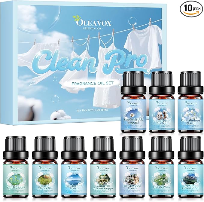 Clean Fragrance Oils Set,Gifts for Mom,10 Premium Essential Oils Set for Diffuser, Soap & Candle Making, Dryer Ball,Home Fragrance,Fresh Cotton, Fresh Clean Air, April Clean and More 10x5ml Scent Oil