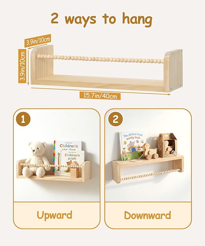 Nursery Book Shelves for Wall Set of 3, Natural Wood Bookshelves Wall Decor, Small Floating Shelf Organizer for Kids Room, Bedroom, Kitchen Spice Rack