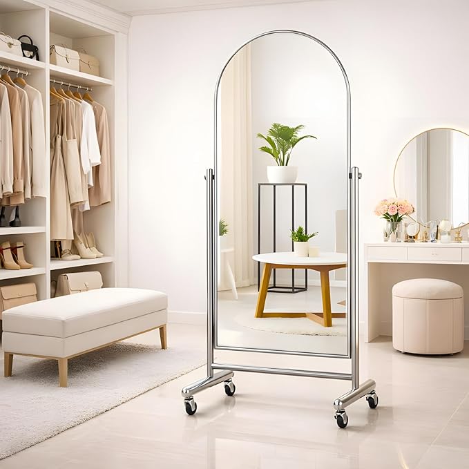 Arched Full Length Rolling Mirror on Wheels, 65"Lx24"W Large Modern Tilting Swivel Mirror with Tempered Glass & Metal Frame, Use for Dressing,Dance Studio,Fitness,Home Gym, Barbershop (Silver)