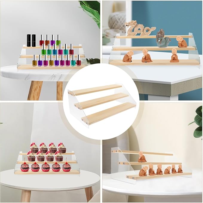 OSALADI Wooden Riser Display Stand 30Cm Tiered 3-Layer Organizer for Collectible Figures Makeup Jewelry Holder Desktop Storage Shelf for Home Decor