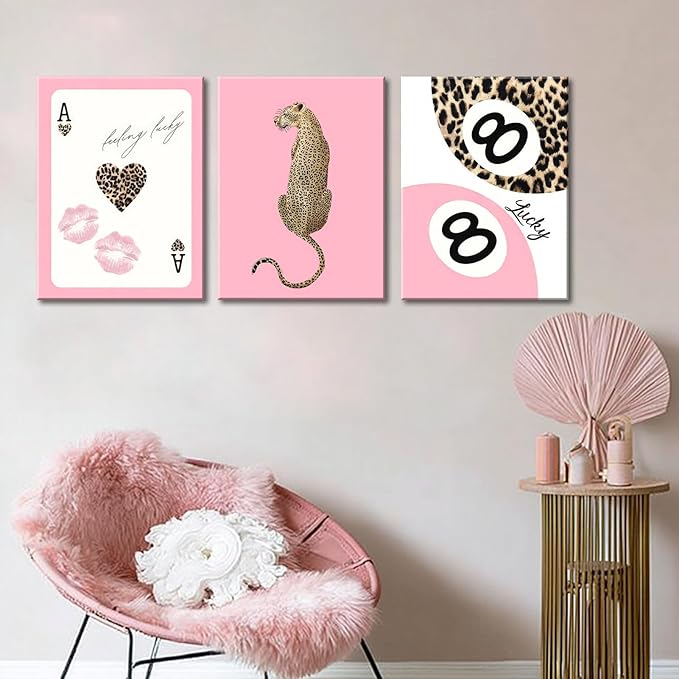 Set of 3 Trendy Pink Leopard Canvas Wall Art Cheetah Lucky 8 Ball Posters Prints Preppy Cheetah Aesthetic Wall Decor Pictures for Girly Bedroom Apartment Dorm Decoration 12x16in