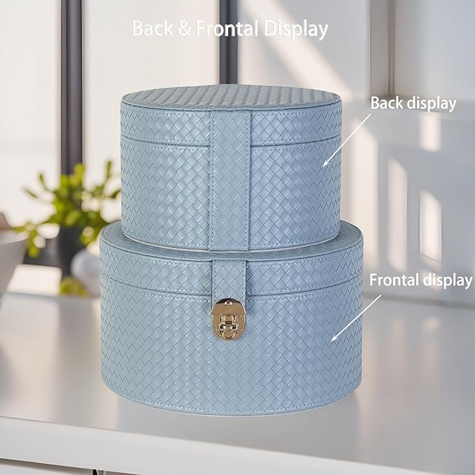 Large Leather Decorative Boxes Set of 2 Round Hat Box Bin Basket with Lid for Shelf Coffee Table Storage Remotes Modern Home Decor (light blue)