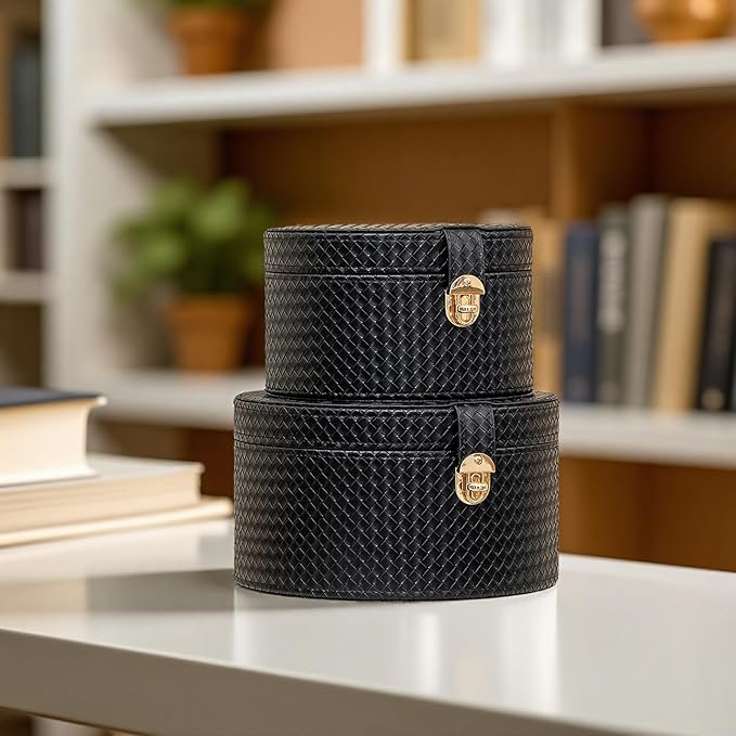 Large Leather Decorative Boxes Set of 2 Round Hat Box Bin Basket with Lid for Shelf Coffee Table Storage Remotes Modern Home Decor (black)
