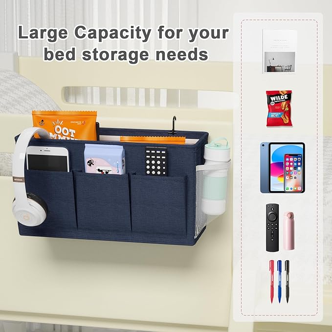 Edudif Dual-purpose Bedside Caddy Bedside Organizer, Bed Caddy with 6 Pockets, Versatile Bedside Storage Solution Magazine Remotes holder, ideal for Home, Dorm, Hospital, Crib Bed (Navy 2pcs)