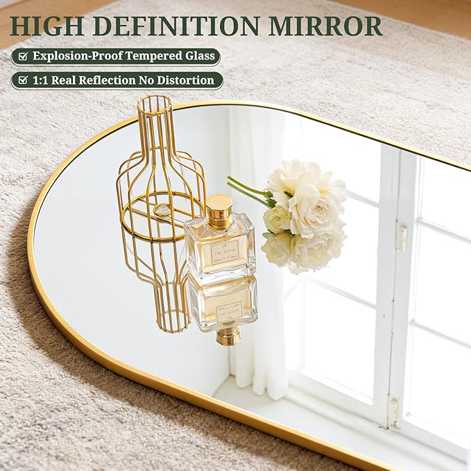 Mirror Full Length 65"x24" Full Body Floor Mirror with Stand, Shatterproof Glass, Aluminum Alloy Frame, Free Standing Wall Mounted or Leaning Arched Mirrors for Bedroom Living Room Entryway