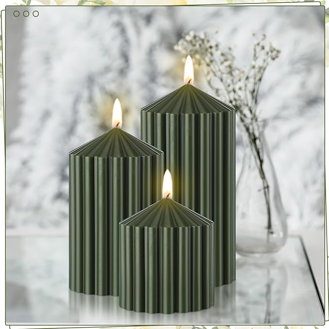 Conelist Set of 3 Moss Green Ribbed Pillar Candles Soy Wax Scented Ribbed Candles Includes 2.8, 4.2 and 5.1 Inches Heights Decorative Romantic Wedding Decoration for Couple Home Birthday Gift