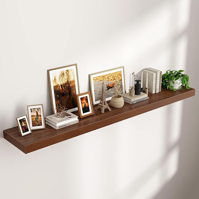 Venusmiles Floating Shelf for Wall 71 inch Long, Engineered Wood Large Wall Shelves with Invisible Brackets for Living Room Bedroom Bathroom Office Kitchen Decor and Storage, Walnut Finish, Set of 1