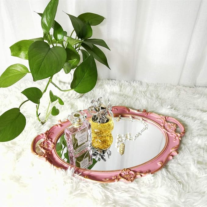 Oval Decorative Mirror Tray, French Style, Makeup Organizer, Jewelry Organizer, Serving Tray, 9.8"x 14.6", Golden Pink