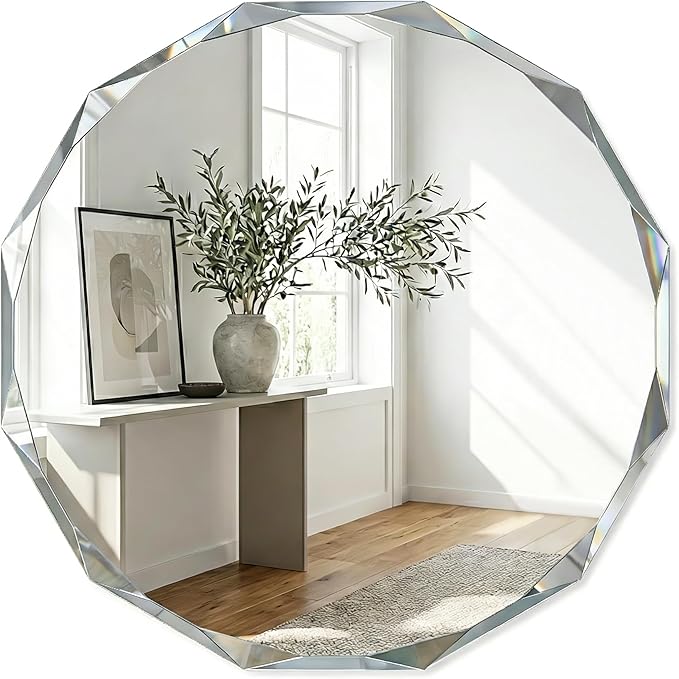 24 Inch Faceted Round Mirror for Wall Decor, Diamond-Cut Beveled Circle Vanity Mirror, Solid Backed Sparkle Frameless Mirror for Powder Room & Entryway, Art Deco Style