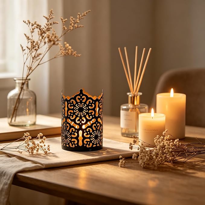 Hosley Set of 3 Black Metal Candle Holders 4 Inch High - Lattice Cut Lanterns for Table Centerpiece, Wedding, Home Decor, Indoor Outdoor