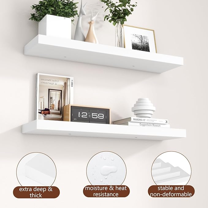 fuqing 30 Inch Floating Shelves for Wall, White Wood Floating Shelves Set of 2, 30'' Long Wooden Wall Shelves for Living Room Bedroom Bathroom Home Office - White