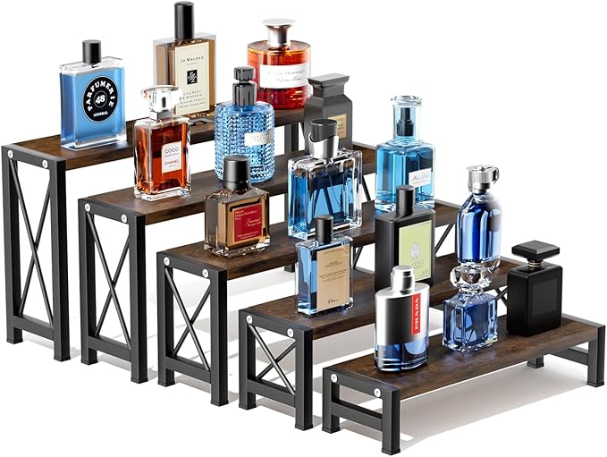 Stackable Wooden Cologne Organizer for Men, 5-Tier Tray Risers Display Makeup Perfume Organizer for Women, Wood Cupcake Stand, Buffet Shelf, Dessert Food Risers, Figure Collectible Stand