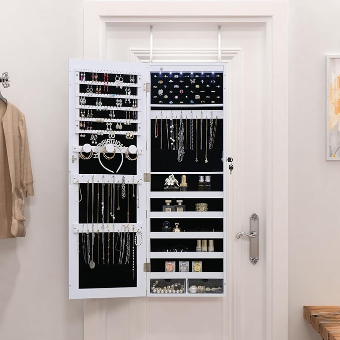 LED Jewelry Cabinet Armoire Organizer,Wall/Door Mount Jewelry Organizer and Storage with Full-Length Mirror Hanging Jewelry Organizer Full Length Mirror with Storage Large Capacity White