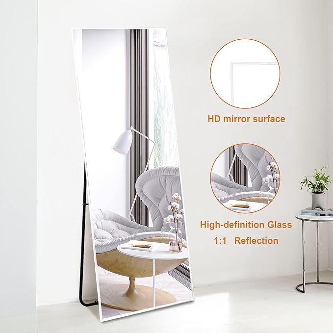 NeuType Full Length Mirror, 59"x16" Full Body Mirror with Stand Floor Mirror Full Length Standing Mirror Wall-Mounted Mirror Hanging or Leaning Against Wall Aluminum Alloy Thin Frame (White)