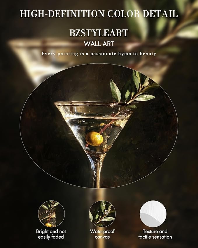 Bzstyleart Vintage Wall Art Decor for Living Room, Martini Framed Wall Art Room Decor Aesthetic, Framed Cocktail Artwork, Bedroom Painting Pictures12 x 16 Inch