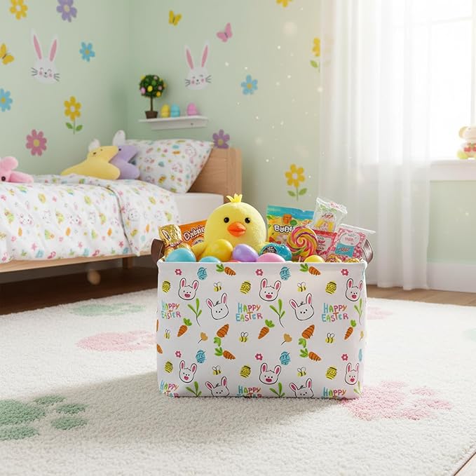 Large Rectangular Cute Kid Easter Basket Empty Bunny Eggs Easter Basket Gift Spring Room Storage Organizer Décor (E-12)