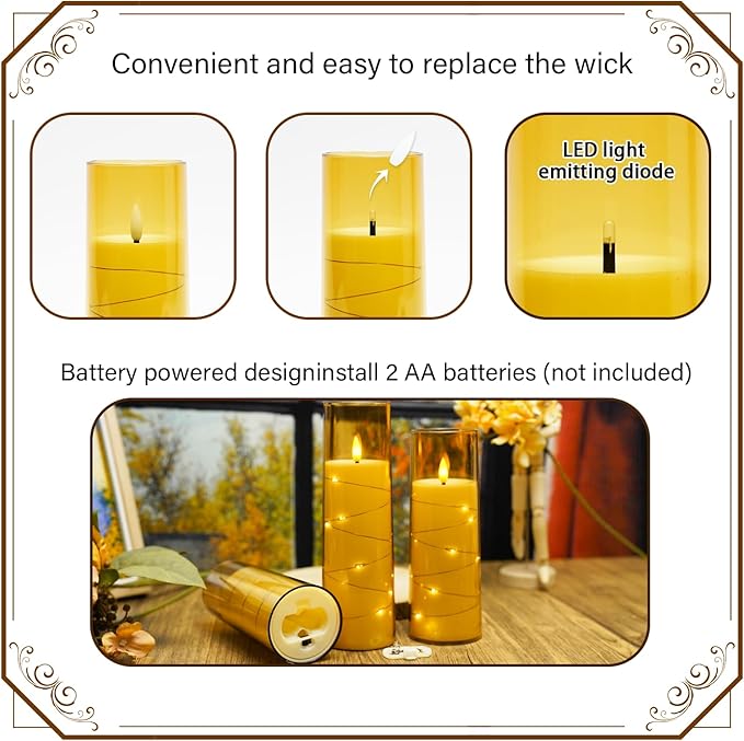Nimiko Flickering Flameless LED Candles,Battery Operated Candles 9 Pcs with Embedded Star String,Acrylic LED Pillar Candles with Remote,Suitable for Home Decoration to Create an Atmosphere（Gold）