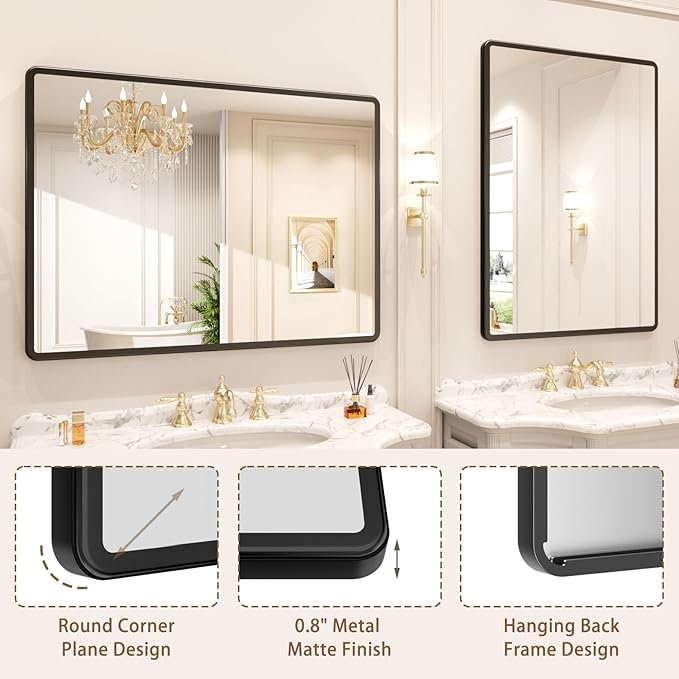 pertetey New Upgrade Bathroom Mirror, 40X30 Inch Black Metal Frame Wall Mounted Rounded Rectangle Bathroom Vanity Mirror with Tempered Glass for Washroom Bedroom Living Room