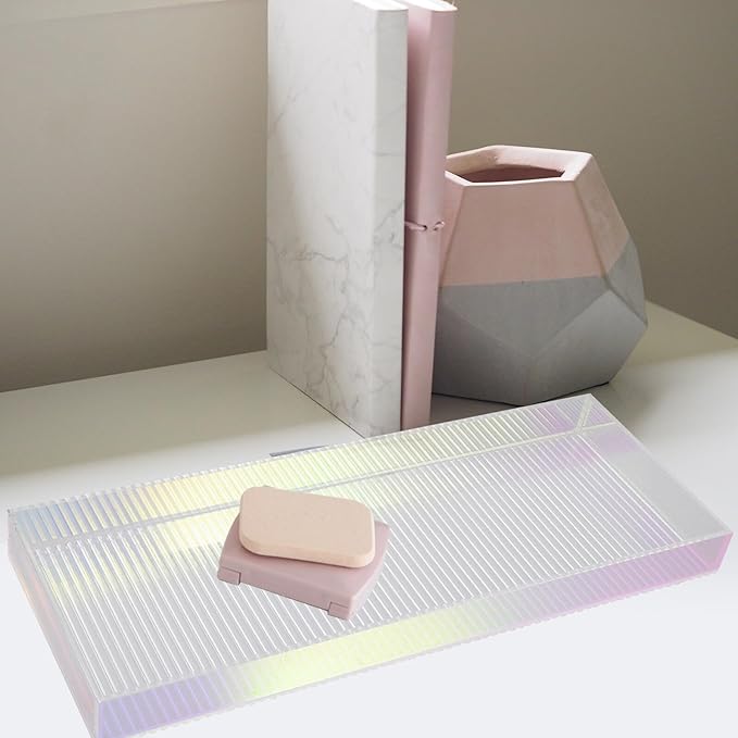 MAGICLULU Acrylic Vanity Tray Makeup Organizer Iridescent Striped Design, Small Cosmetic Storage Plate for Perfume and Skincare, Decorative Dresser Tray for Home and Entryway