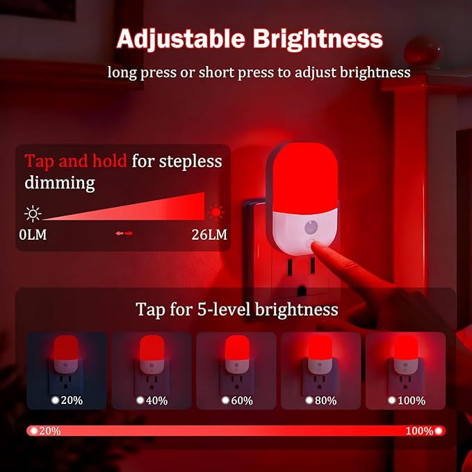 670nm Red Light Night Light for Sleep Therapy - 2 Pack, Auto Dusk to Dawn Sensor, 0.3W Dimmable & Portable LED Red Night Light Plug into Wall for Nursery Bedroom Bathroom Kitchen Hallway