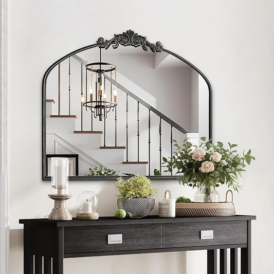 HQiJun Black Vintage Wall Mirror Window Decorative Traditional Mirrors Antique Arched Farmhouse for Living Room Bedroom Entryway Bathroom Vanity (29 * 36 * 1.2,Black)