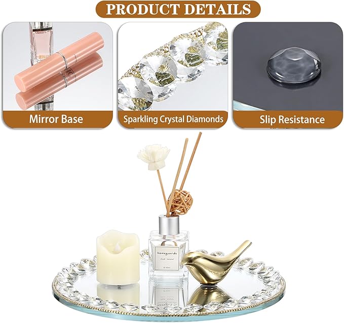 Hipiwe Mirror Glass Vanity Tray Sparkling Crystal Perfume Tray Round Decorative Tray Gorgeous Makeup Organizer Tray Jewelry Trinket Tray for Bathroom Dresser Table, 10.6 inch