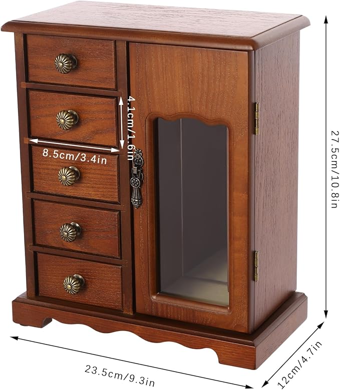 Wooden Jewelry Box, Jewelry Organizer With 5 Drawers Built-in Necklace Carousel and Mirror for Necklaces, Earring, Rings (Dark Wood Color)