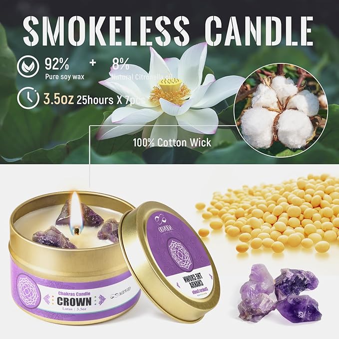AOOVOO Chakra Candles with Healing Crystals - 7 Chakra Candle Set, Spiritual Gifts for Women, Aromatherapy Candle, Soy Candles for Women