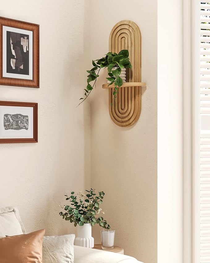 Bamworld Boho Wall Decor Brown Plant Wall Shelf, Mid Century Modern Decor Hanging Plant Shelf, 1-Tier Floating Shelves for Home, Bathroom Bedroom Living Room Natural