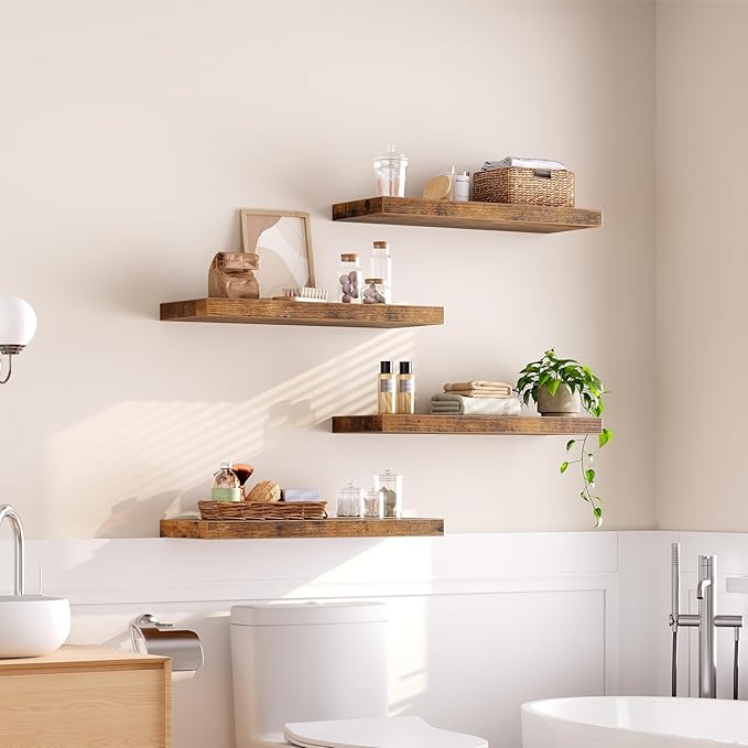 RALGEND Floating Shelves for Wall, 23.6“ Long Wall Shelf Set of 4 with Invisible Brackets, 1.5" Thick Hanging Shelves Farmhouse Home Decor for Bathroom, Living Room, Bedroom, Rustic Brown 6301BJP4BF