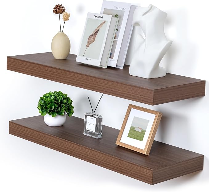 FLYJOE Deep Floating Shelves | 36 Inch Walnut Floating Shelves Set of 2 | 12 Inch Deep Rustic Wood Shelves for Wall | 36" W x 12" D Walnut Shelves for Living Room Bathroom Laundry Room Kitchen