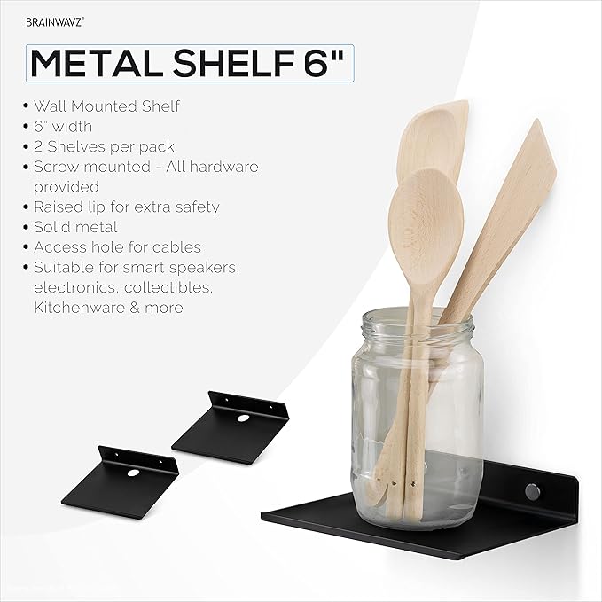 2-Pack 6" Floating Metal Wall Shelf for Books, Organizer, Speakers, Plants, Cameras, Books, Decor Display, Storage, Routers & More Wide Universal Holder Shelf by Brainwavz (Black)