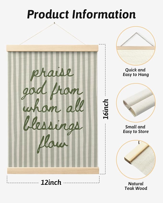 FGFK Sage Green Christian Wall Art Poster Hanger Frame, Trendy Striped Praise God From Whom All Blessing Flow Bible Verse Scripture Canvas Prints Framed Wall Decor for Room Home Dorm, 12x16 Inch